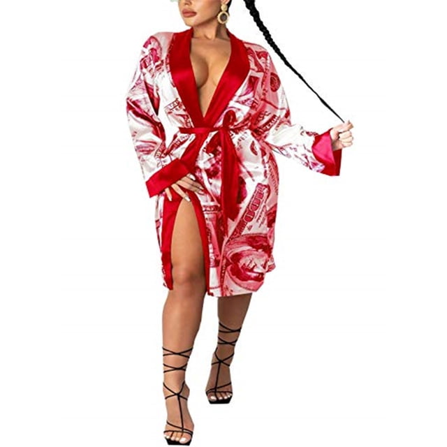 EYIIYE Robe en Satin pour Femmes, Imprimé Dollar Tendance Kimono Soyeux à Manches Longues avec Ceinture