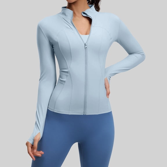 Avrnliq Women's UPF 50  Sun Protection Jacket Light Blue Zip Up Workout Jacket, Activewear with Thumbholes, High Neck Moisture Wicking Running Yoga Jacket, Stretch,Size L