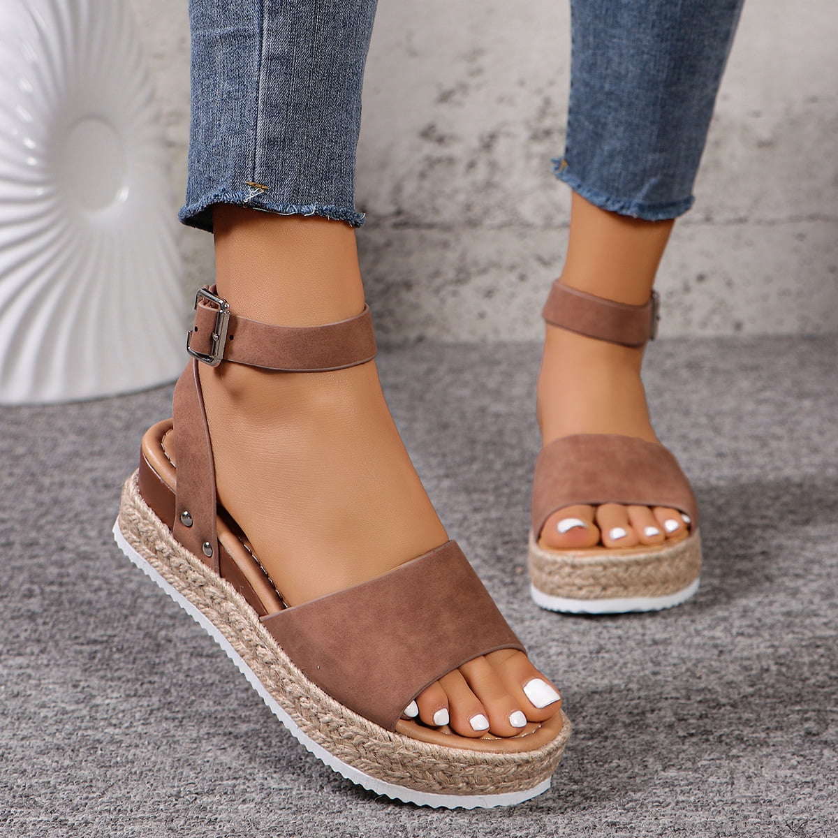 BERANMEY Open Toe Buckle Ankle Strap Espadrilles with Flatform Wedge Sandals For Women - Casual Platform Sandals Women Comfortable - Espadrilles Beach Sandals For Woman