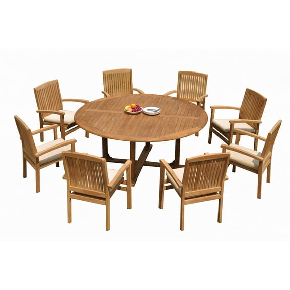 Grade-A Teak Dining Set: 8 Seater 9 Pc: 72" Round Table And 8 Wave Stacking Arm Chairs Outdoor Patio WholesaleTeak #51WV1709