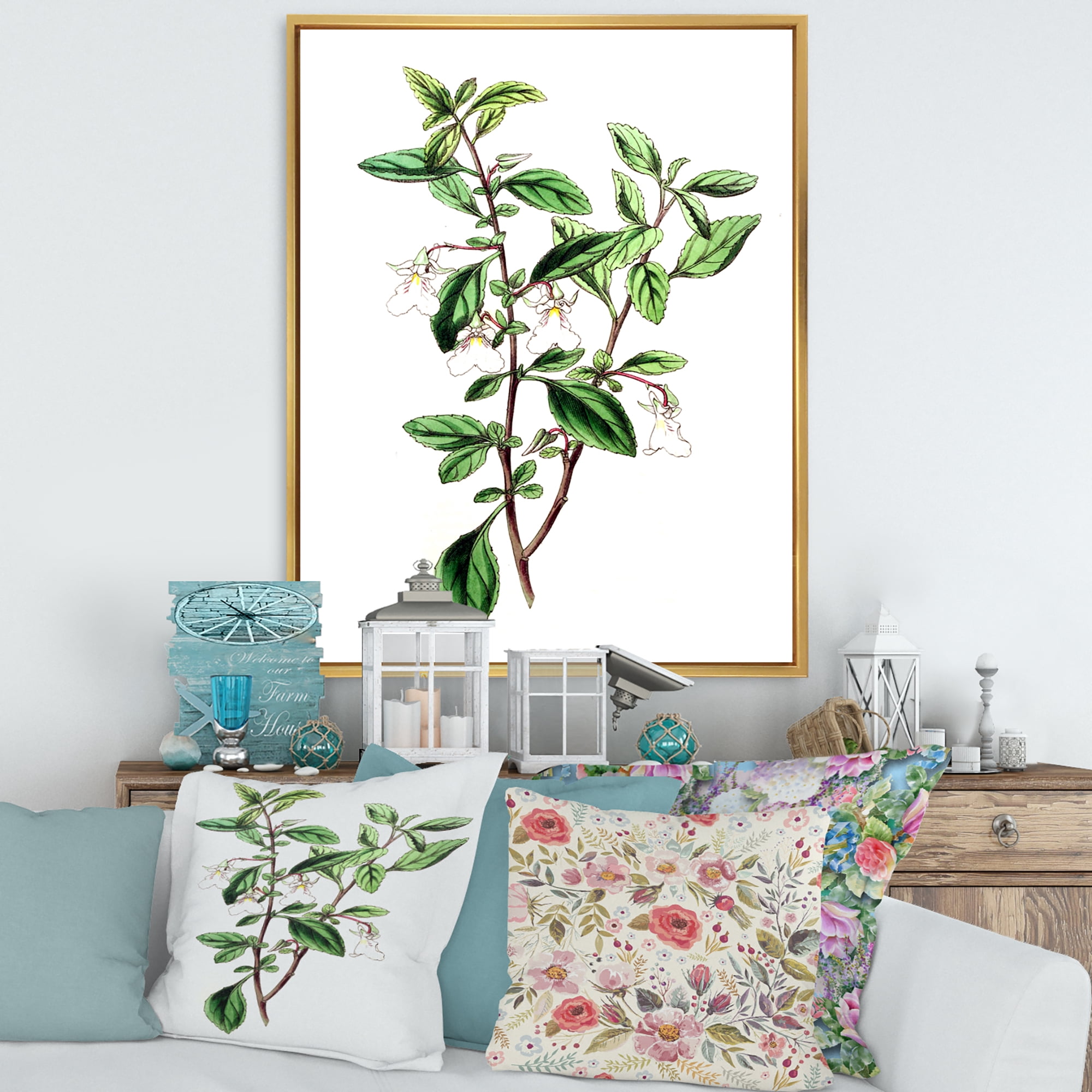 Designart 'Ancient Green Leaves Plants VII' Traditional Framed Canvas Wall Art Print