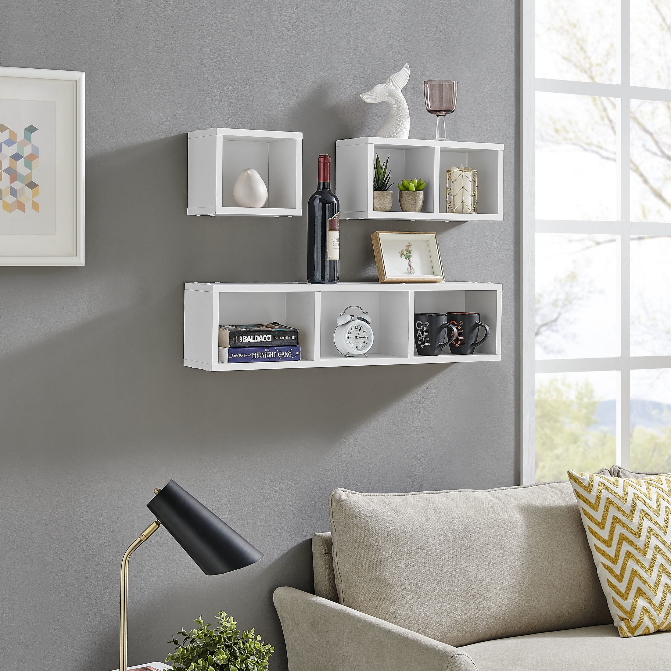 Danya B. Bauhaus Floating Geometric Cubby Wall Shelves - Set of 3 Sizes - White