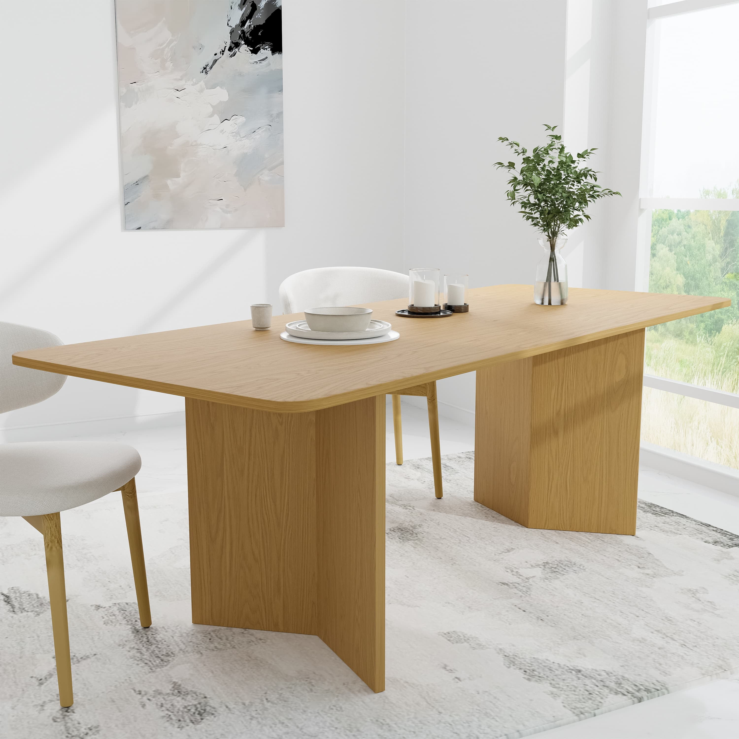 MAYEERTY 79"×33.5"×30" Natural Wood Square Dining Table - V-Shaped Legs, Compact for Apartments