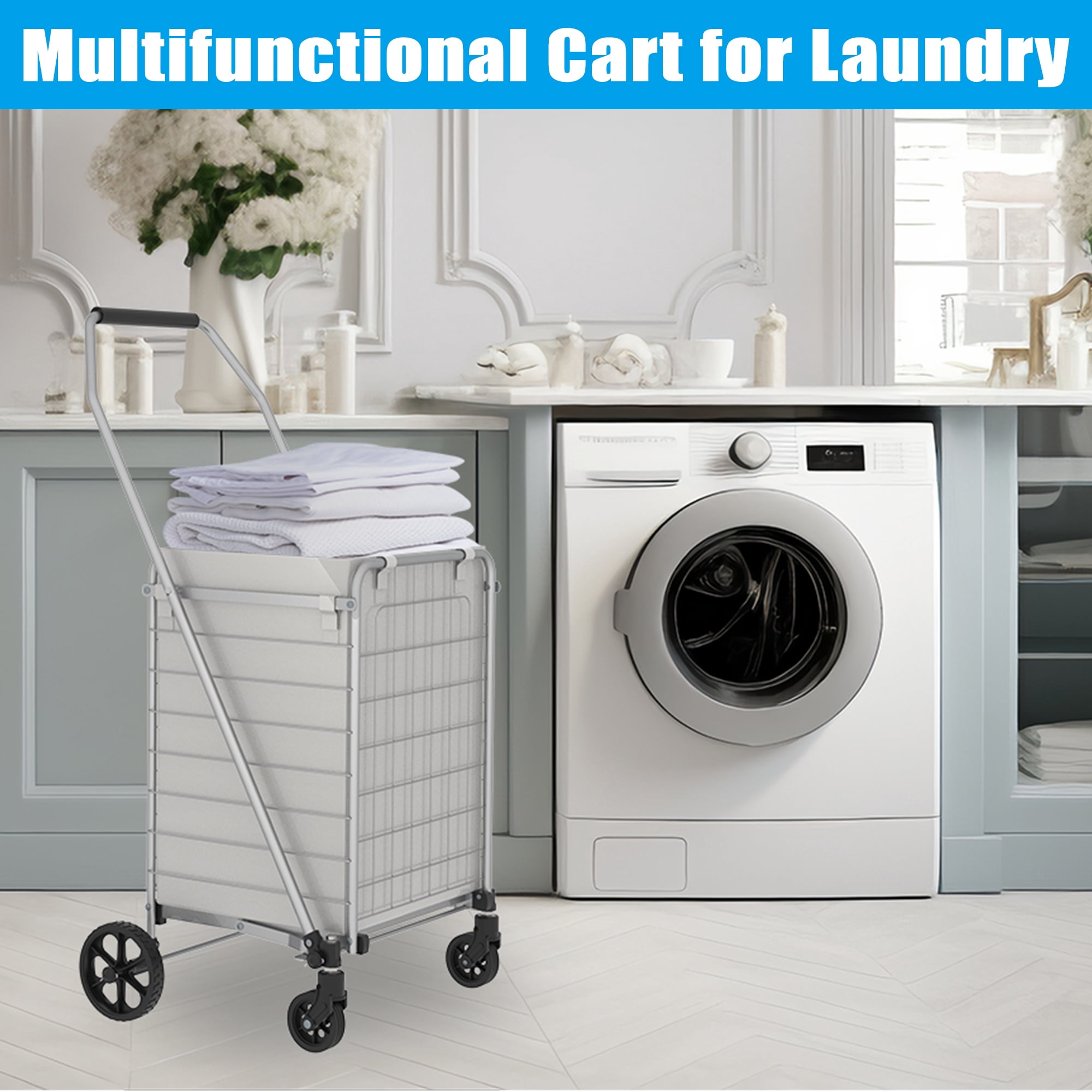 Yoneston Folding Shopping Cart with Wheels, 200 LBS Heavy Duty Grocery Cart, Collapsible Utility Cart for Laundry, Groceries, Travel, Grey