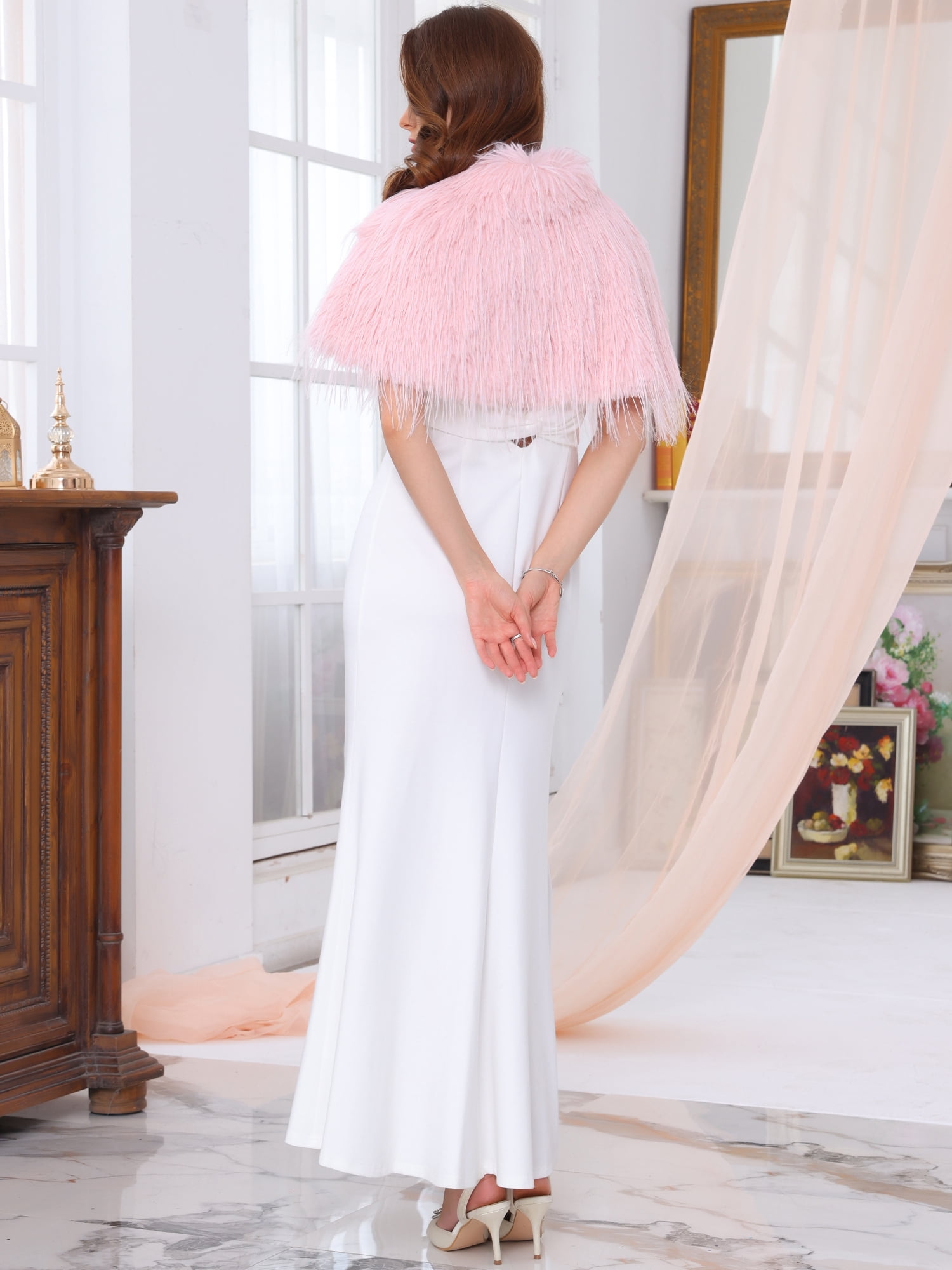 DARING DIVA Women's Faux Fur Bow Tie Neck Wedding Cardigan Shrug L Pink