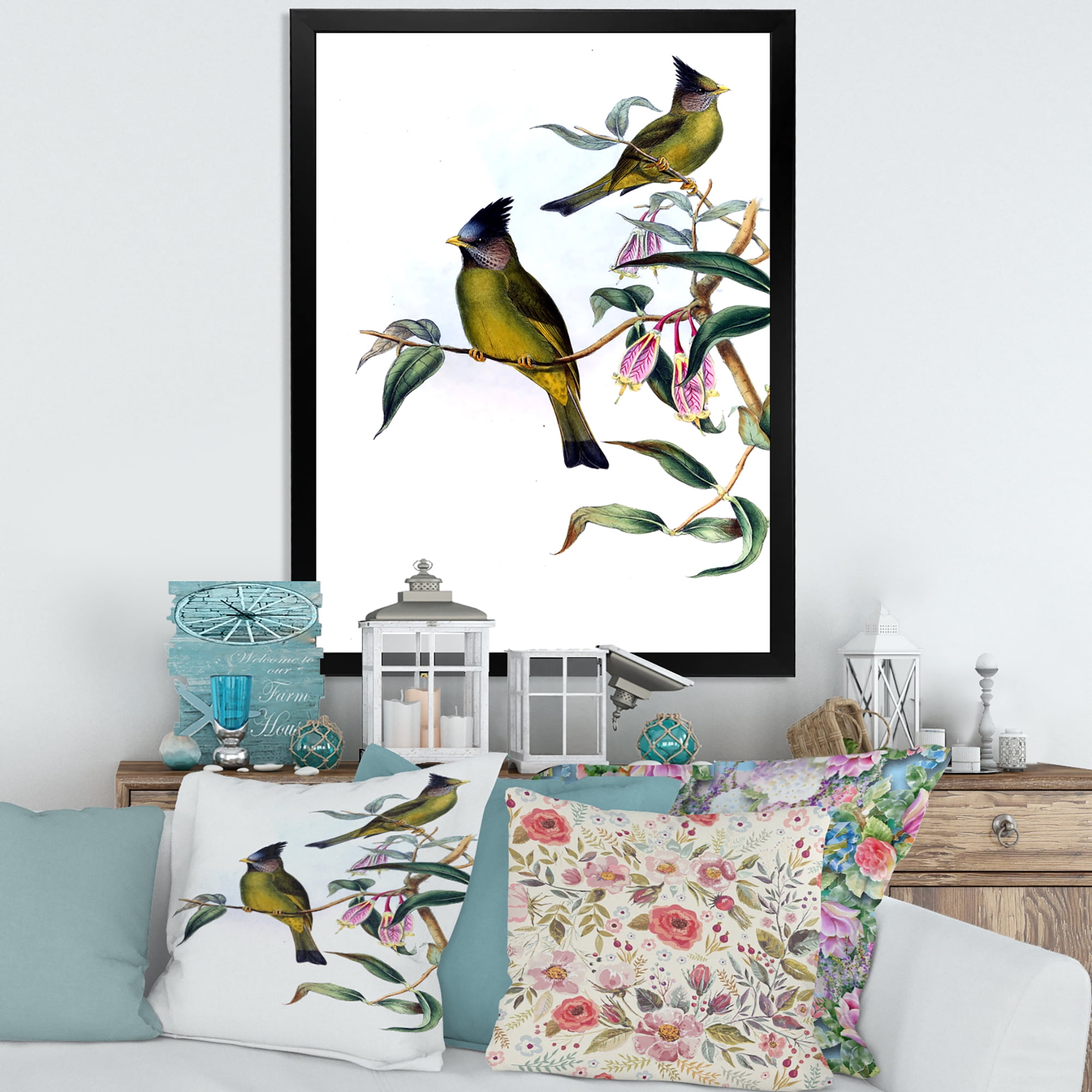 Designart 'Vintage Countryside Birds On Branch II' Farmhouse Framed Art Print