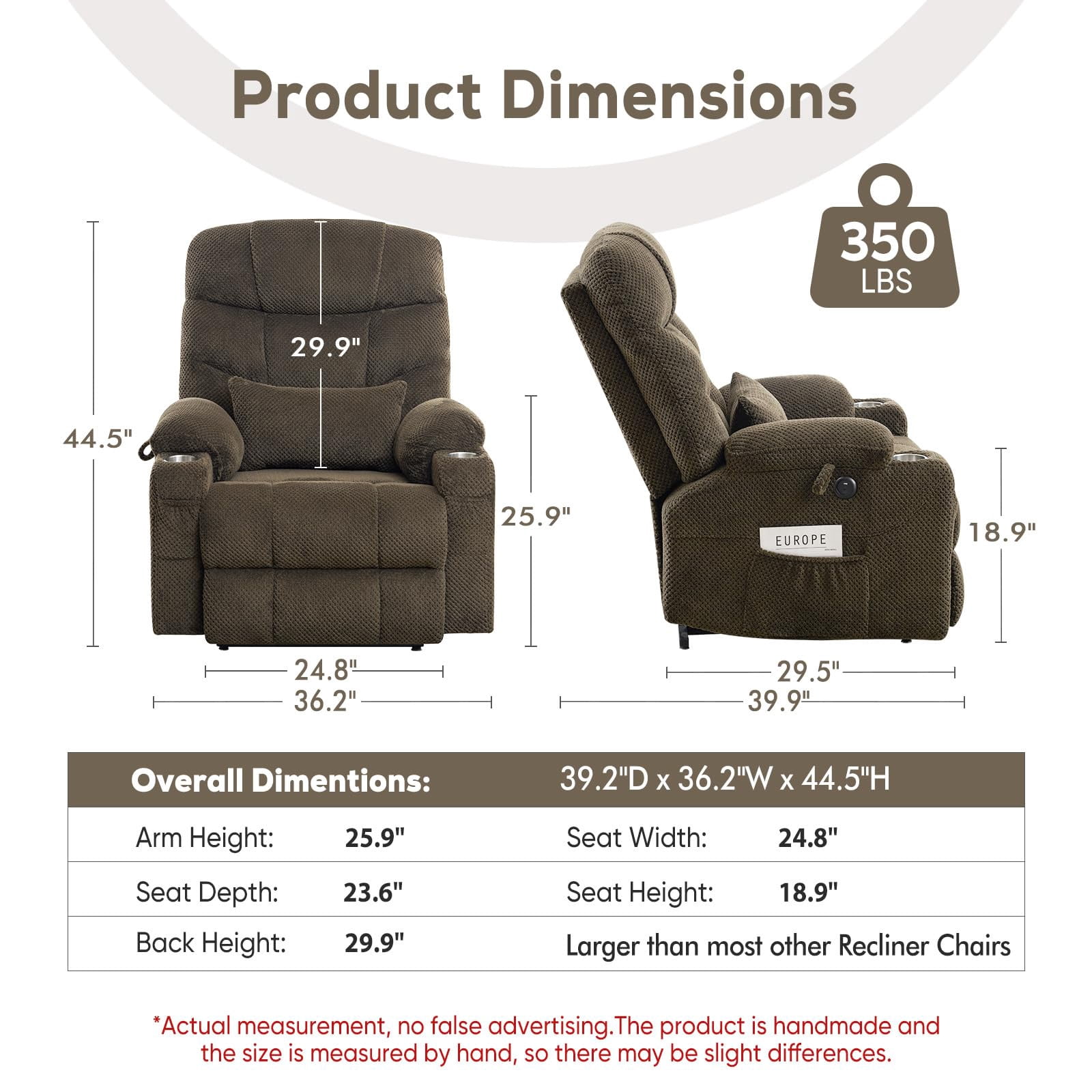 JULY'S SONG Dual Motor Lay Flat Power Lift Recliner Chair with Heat and Massage, USB & Type-C Ports, Large Recliners for Living Room, Oversized Recliner for Adults & Elderly - Dark Brown