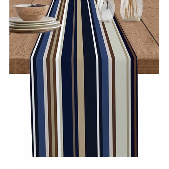 Blue Brown Stripe Table Runner 70 Inches, Farmhouse Modern Vertical Striped Bed Runner Dresser Scarves Tabletop for Indoor Outdoor Parties/Ceremony/Banquet, 13" x 70"