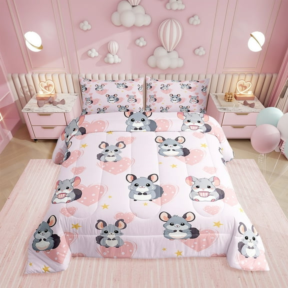 Erosebridal Cartoon Moose Comforter Set Twin,Pink Love Heart Bedding Set,Cute Rats Reversible Duvet Insert,Kawaii Zoo Animal Quilt with 1 Pillowcase Lightweight