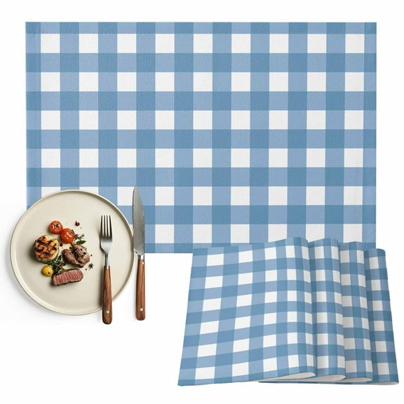 Farmhouse Vintage Placemats Set of 4, Gingham Checkered Texture Table Mats Washable Heat-Resistant Non-Slip Place Mats for Kitchen Dinner Table Indoor Outdoor Decor,13x19 Inch Steel Blue