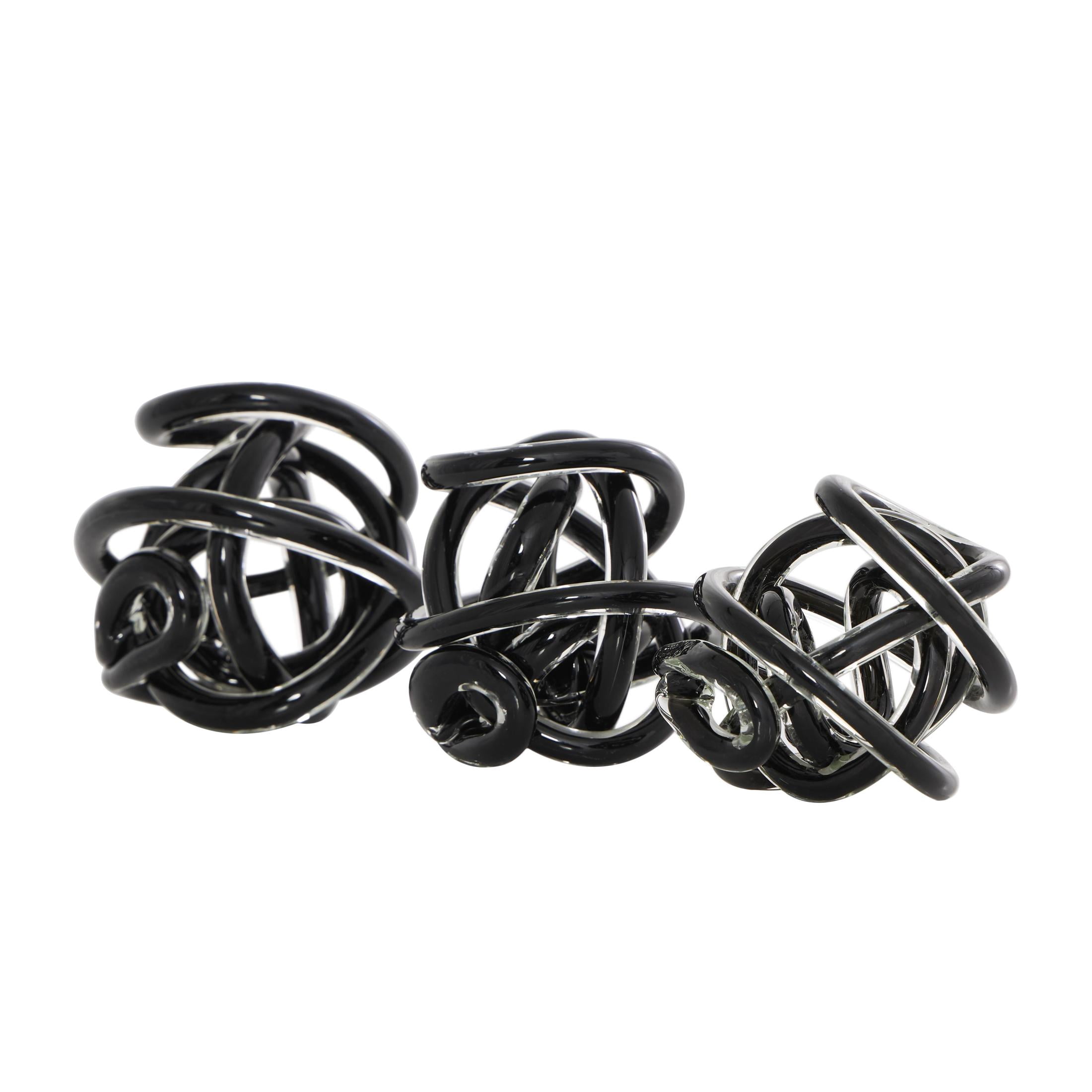 5", 4", 4"W Black Glass Handmade Knotted Ball Knot Sculpture, by DecMode (3 Count)