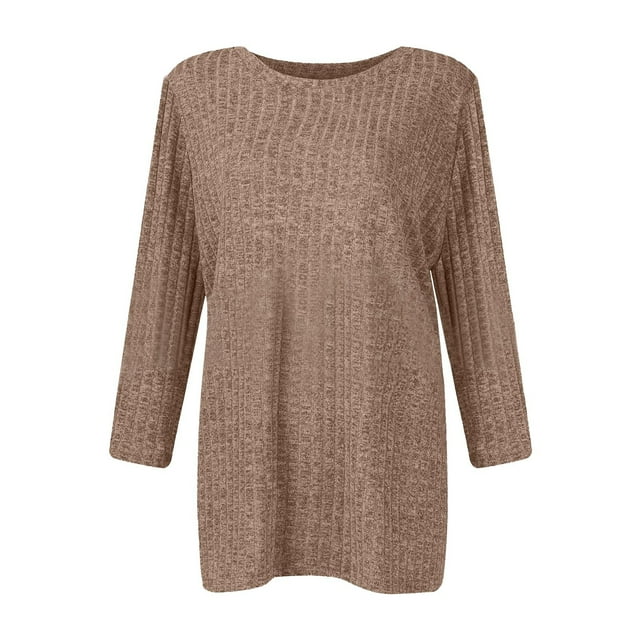 T-Shirt Décontracté pour Femme à Col Rond, Rayé Givré, Couleur Unie, Manches Trois-Quarts, pour un Confort et un Style au Quotidien