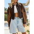 thumbnail image 5 of Womens Faux Leather Bomber Jackets Cropped Zip Up Color Block Fall Casual Moto Biker Coats, 5 of 6