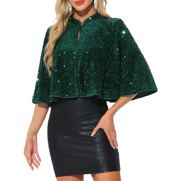 Chaquetas de lentejuelas INSPIRE CHIC para mujeres, capa de terciopelo, boleros brillantes, talla XL, verde oscuro