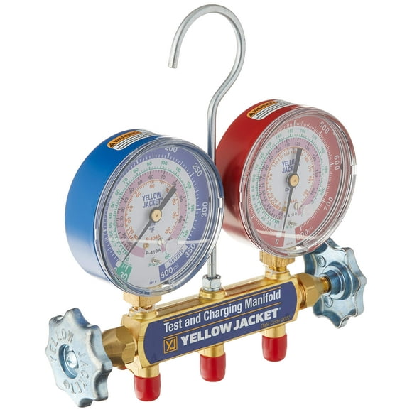 Yellow Jacket 42001 Manifold with 3-1/8" Color-Coded Gauges, psi, R-22/404A/410A (Clamshell)