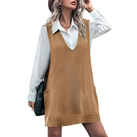 Weardear Women Vest Dress Knit Sweater Dresses Oversized V Neck Sleevelss Pullover with Pockets