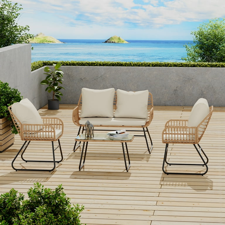 Bifanuo 4 Piece Rattan Patio Furniture Set All Weather Bistro Conversation Loveseat Chairs and Table Set for Outdoor Living Spaces with Cushions