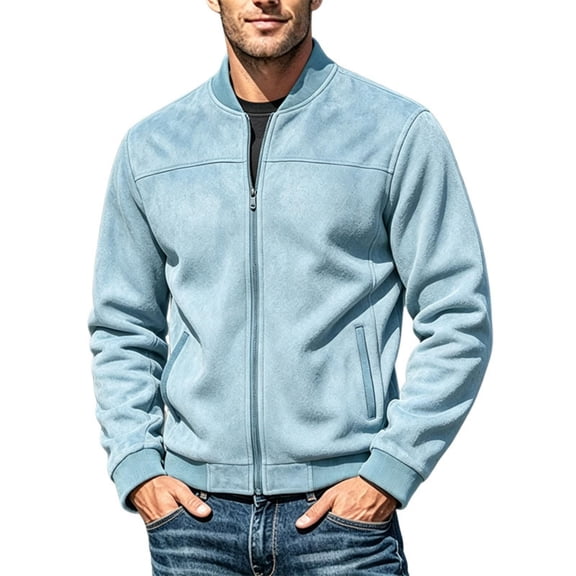 MXALUOB Bomber Jacket for Men Faux Suede Solid Color Ribbed Cuff Fashion Coats Full Zip Casual Regular Fit Flight Jacket with Pocket