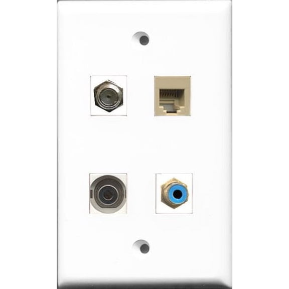RiteAV 1 Port RCA Blue and 1 Port Coax Cable TV- F-Type and 1 Port Phone RJ11 RJ12 Beige and 1 Port 3.5mm Wall Plate