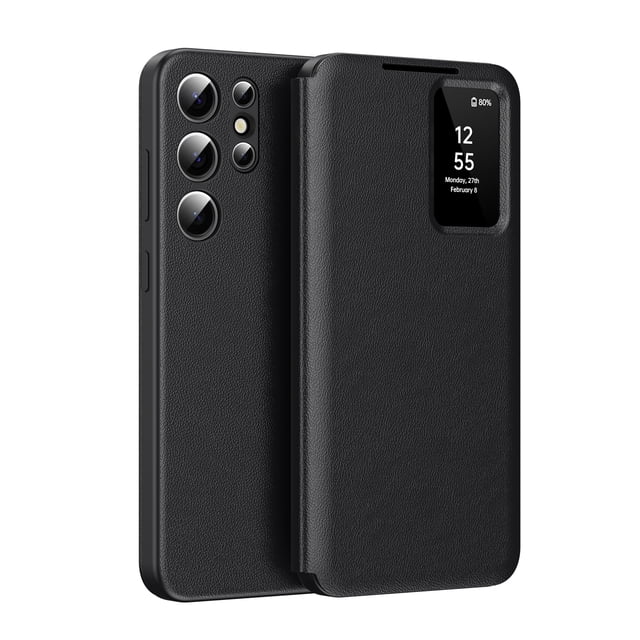 For Samsung Galaxy S25 Ultra Case PU Leather Flip Case,With Intelligent Window,With Card Holder,Anti-fall Rugged Shockproof Protective Phone Case Cover for Samsung Galaxy S25 Ultra,Black