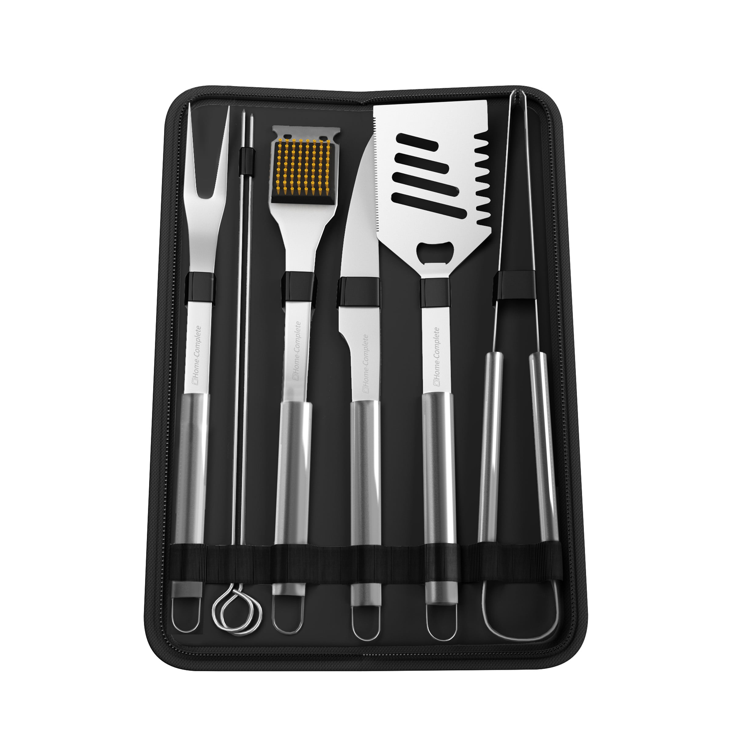  Home-Complete 4326466051 BBQ Grill Tools Set with Wood Handles  & Knives Set-22 Pc Stainless Steel Barbecue Accessories with Wooden  Handles, Case,4 Steak Knives, Spatula, Tongs : Everything Else