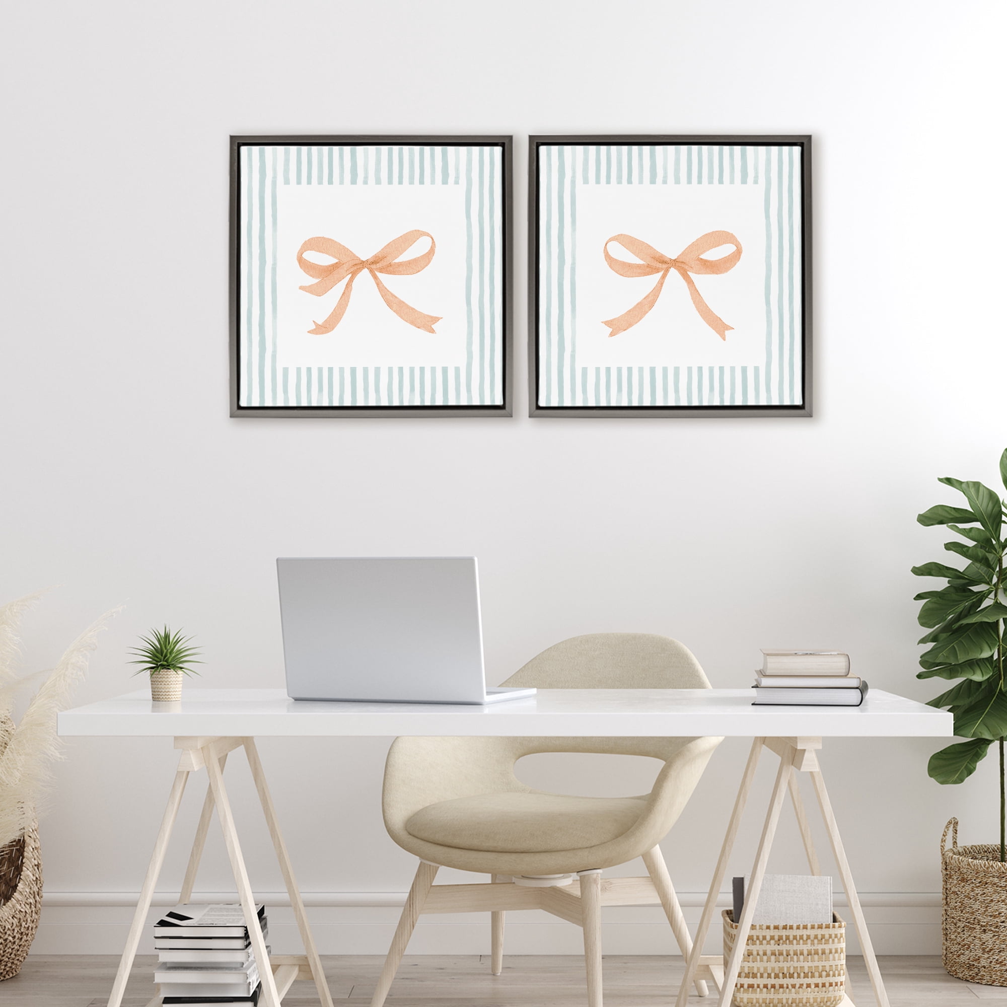 Stupell Industries Orange Bows and Blue Stripes 2 Piece Gray Framed Floater Canvas Set, design by Patricia Pinto