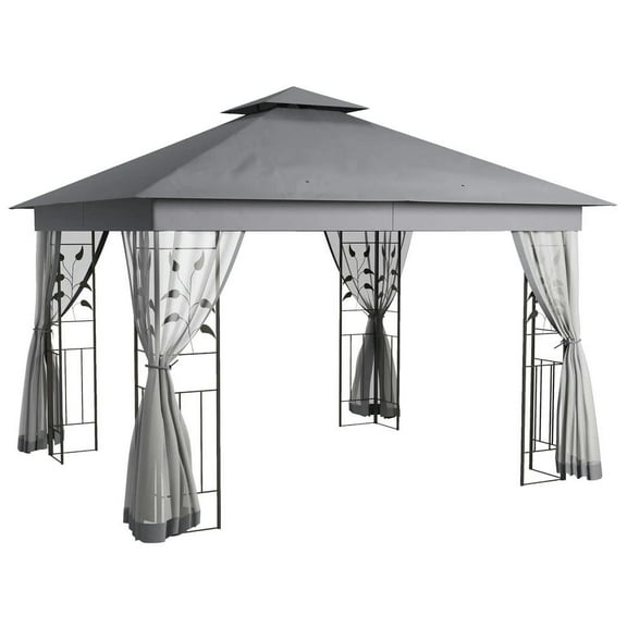 Resenkos Outdoor Garden Gazebo, Sunshade Gazebo Canopy,10' x 11.5' Double Roof Outdoor Gazebo Canopy Shelter w/Tree Motifs Corner Frame and Netting, Gray