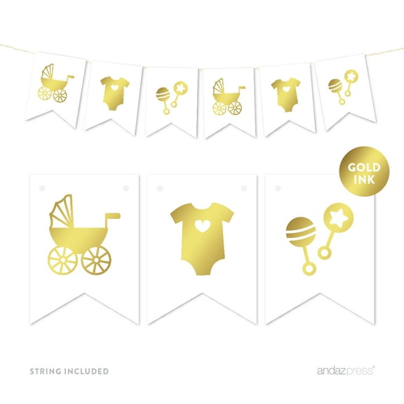 Gold Pennant Party Banner Baby Shower Rattles Carriage Onesie