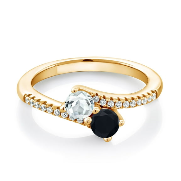 Gem Stone King 18K Yellow Gold Plated Silver Sky Blue Aquamarine and Black Onyx Bypass Ring for Women (0.71 Cttw, Gemstone March Birthstone, Round 4MM, Size 7)