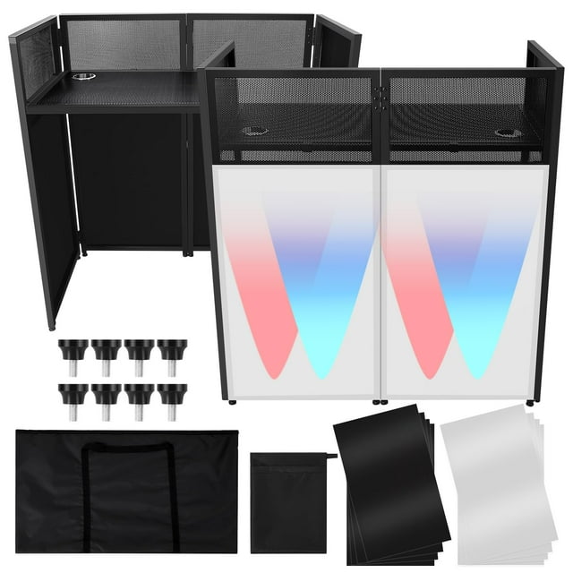 Portable DJ Facade Booth, Foldable DJ Table Station with Cable Management Holes, Metal Frame, 210T Polyester Scrim