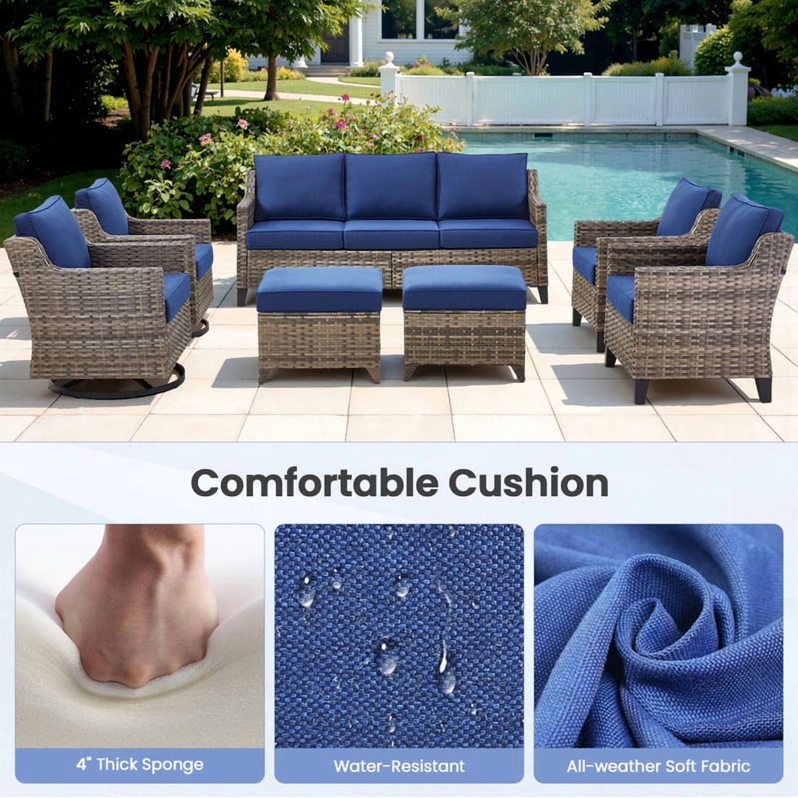 PARKWELL 5 Piece Outdoor Patio Furniture Set with Fire Pit Table,All-Weather Conversation Set with Luxury 4-Inch Thick Cushions,Swivel Glider Chair,5-Seat Furniture Sets for Deck, Backyard,Gray/Navy