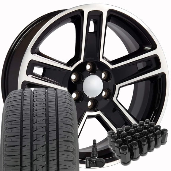 OE Wheels CV74 22 Inch Rims and Tires Fit Silverado 1500 Style 6x139.7 22x9 Gloss Black Machined - Hollander 5664 - Dueler H/L Alenza 285/45-22 (Set of 4)