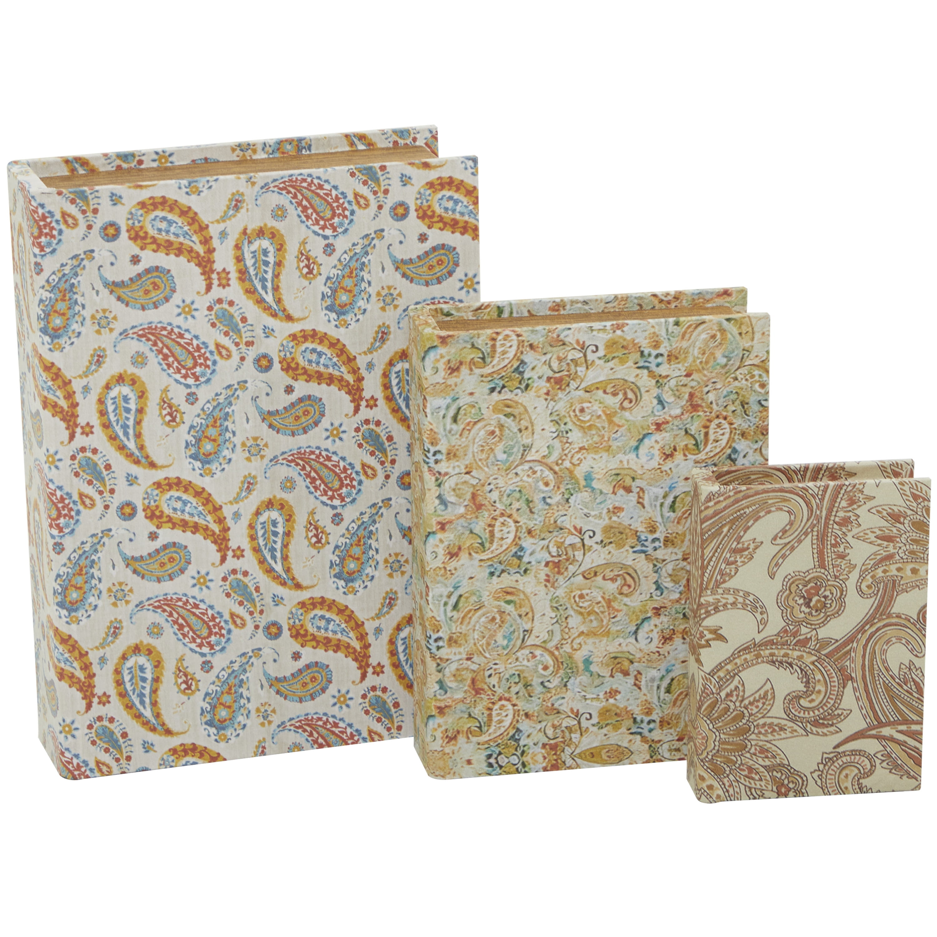 DecMode Faux Book Cream Canvas Decorative Box with Varying Patterns, 3 Count
