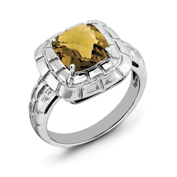 Beautiful Sterling Silver Rhodium Checker-Cut Whiskey Quartz Ring