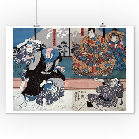 Saigyo Prevented by Men from Leaving His House to Become a Priest Japanese Wood-Cut Print (9x12 Art Print, Wall Decor Travel