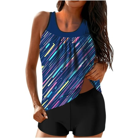 ZQGJB Tankini Swimsuits for Women Two Piece Bathing Suits Mesh Patchwork Scoop Neck Blouson Tank Top with Boyshorts Tummy Control Modest Swimsuits(Multicolor#20 XXL)