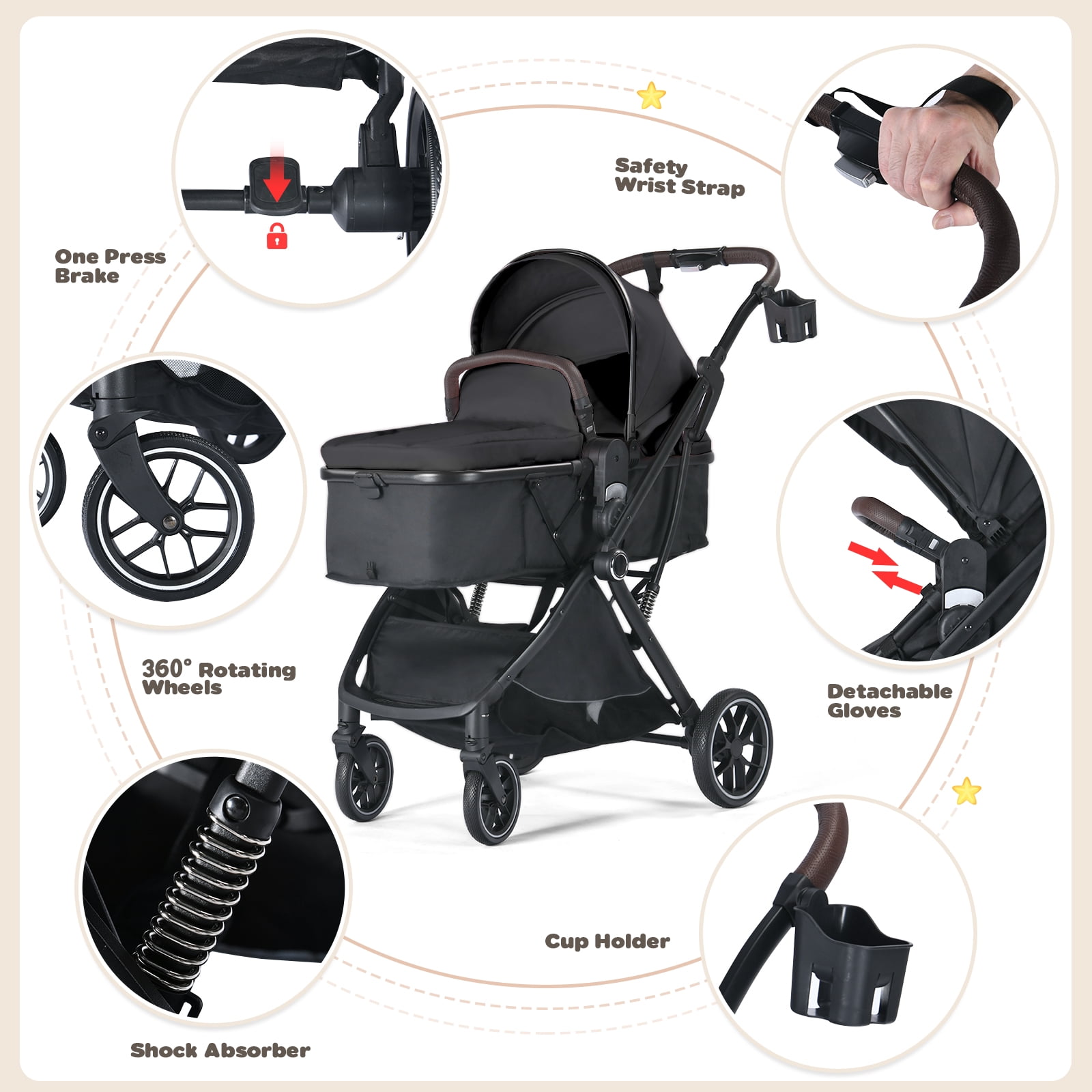 AILEEKISS Baby Stroller, 3 in 1 Stroller for Newborn, Folding Infant Pushchair, 22LB, Black