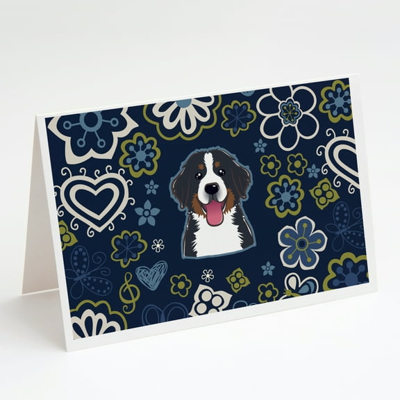 Blue Flowers Bernese Mountain Dog Greeting Cards and Envelopes Pack of 8