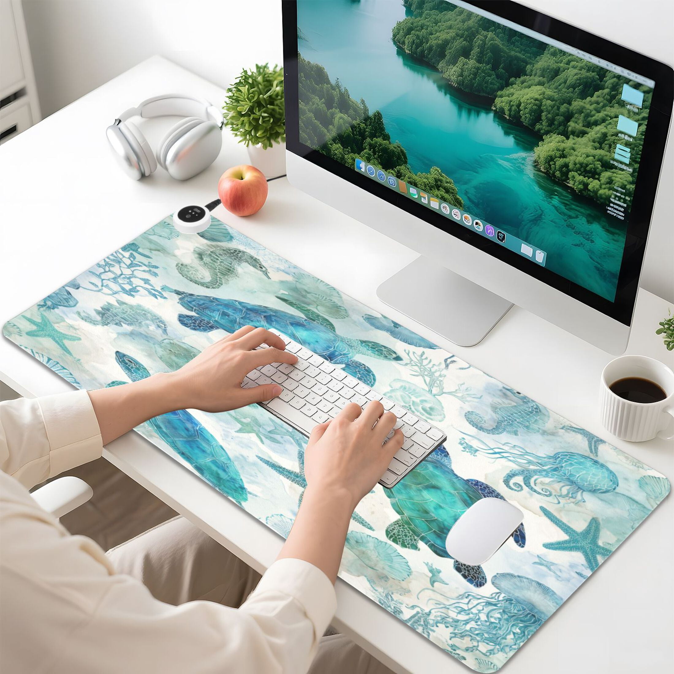 Large Heated Desk Mat Mouse Pad 31.5"x13"PU Leather Graphene Heating Desk Warmer with 3 Temperature Settings 110V US Plug Non-Slip Warm Pad for Home, Office, and Gaming Green Adorable Sea Creatures