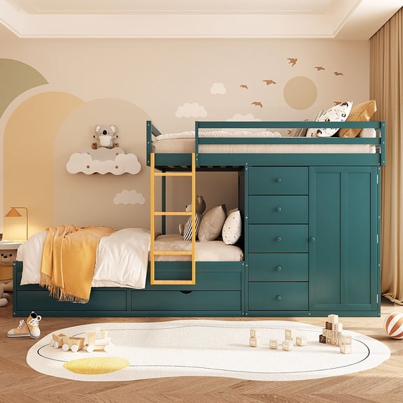 Harper & Bright Designs Full over Full Bunk Bed with Storage Wardrobe and Drawers, Full Size Wood Space-Saving Bunk Bed with Guardrail for Apartment, Bedroom, Green