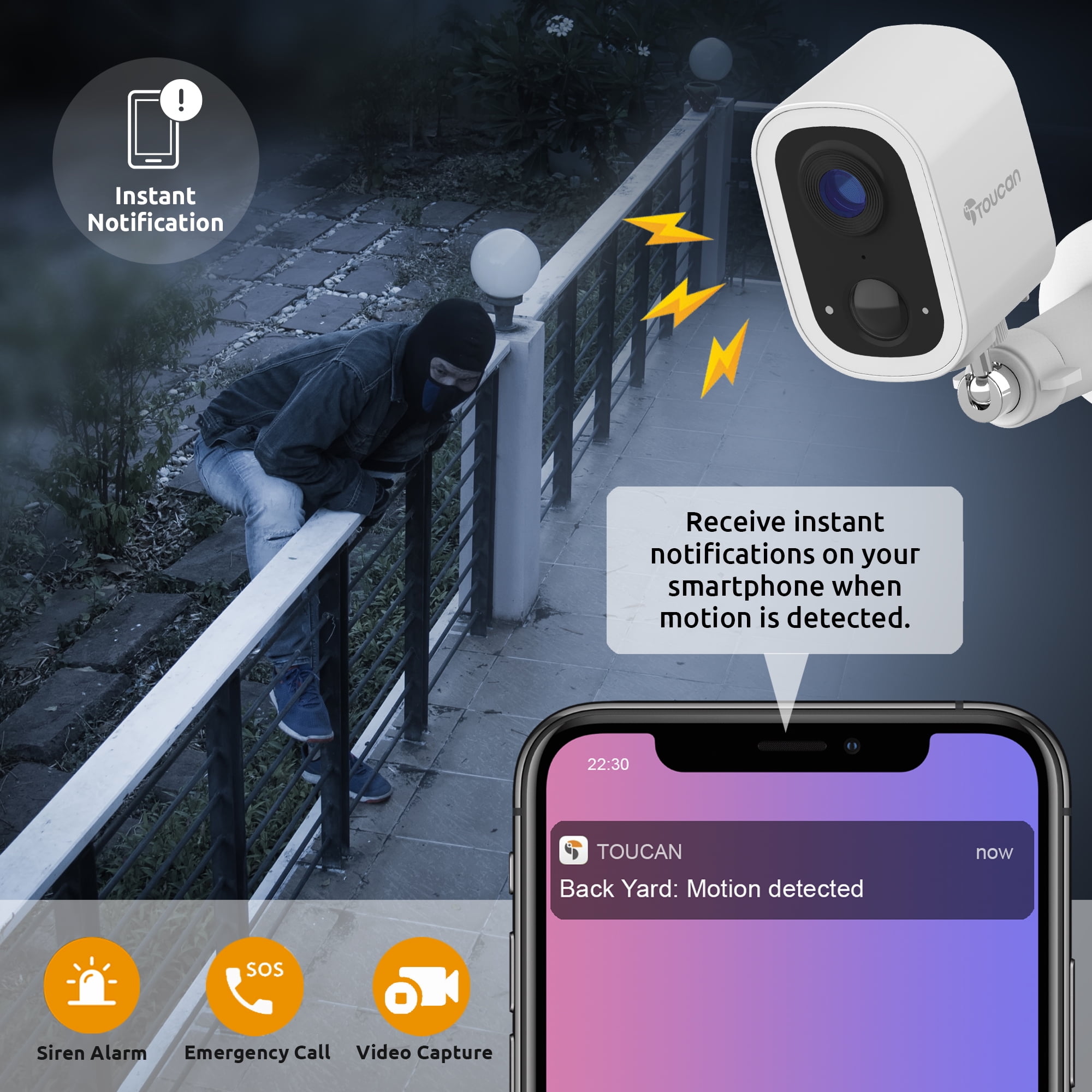 Toucan Wireless Security Camera S4 2-Pack, 2K Video, No Monthly Fees, Weatherproof, 2.4 GHz Wi-Fi, Rechargeable, Smart PIR Motion Sensor, Auto Greetings, two-way talk