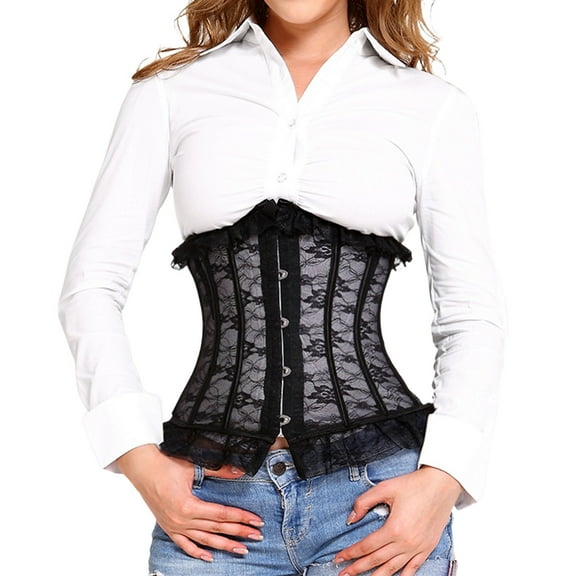 Tiweut Womens Corset Lace Shaping Bodysuit Waist Cincher with Hook Closure Slim Fit Tops,D-Black,L