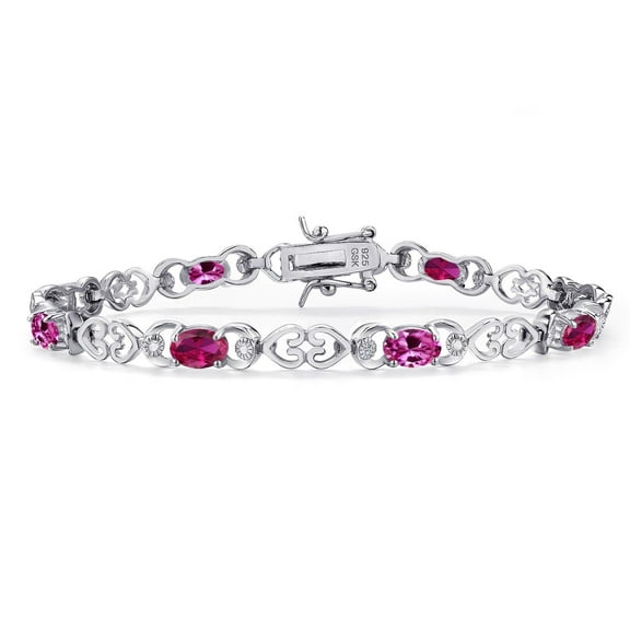 Gem Stone King 925 Sterling Silver Red Created Ruby and Pink Created Sapphire and Lab Grown Diamond Bracelet for Women | 4.01 Cttw | Gemstone July Birthstone | Oval 6X4MM | Length 7.25 inches