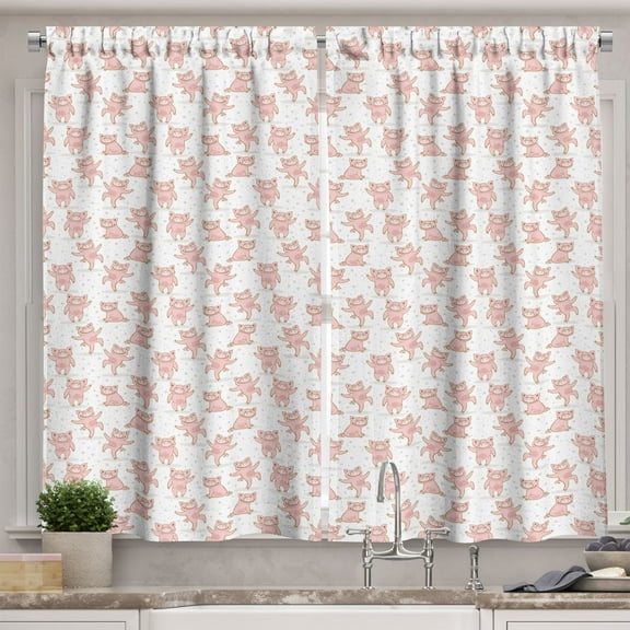 Ambesonne Piglet Kitchen Curtains, Pigs and Polka Dots, 55"x45", Rose and White