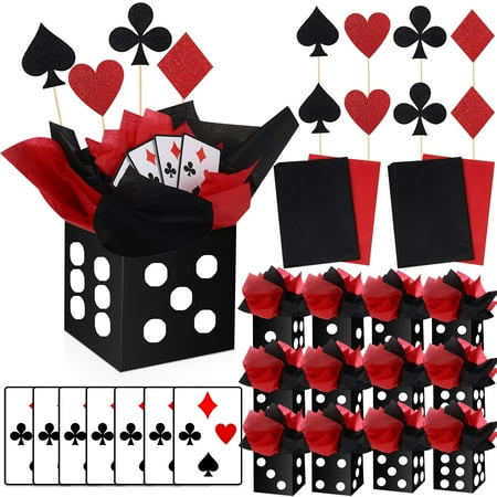 WinnerWhy 12 Sets CORNET Casino Theme Party Decorations 6. 7'' Paper Black Dice Boxes Casino Night Table Centerpiece with Poker Sticks Cutouts for Poker Birthday Party Supplies