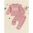 thumbnail image 5 of Aojekbee Toddler Girls Waffle Set Letter Embroidered Long Sleeve Ruffled Tops Elastic Waist Pockets Long Pants Outfits, 5 of 10
