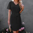 thumbnail image 2 of Vestido cruzado con nudo en la cintura, vestido informal de verano con manga corta y cuello en V para uso diario, vacaciones en la playa, negro M, 2 of 5