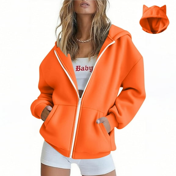 BLTIBY Women's Zip Up Sweatshirt Jacket Hoodies Fall Solid Color Thin Coat Comfort Lightweight Casual Outwear with Pockets Orange XL