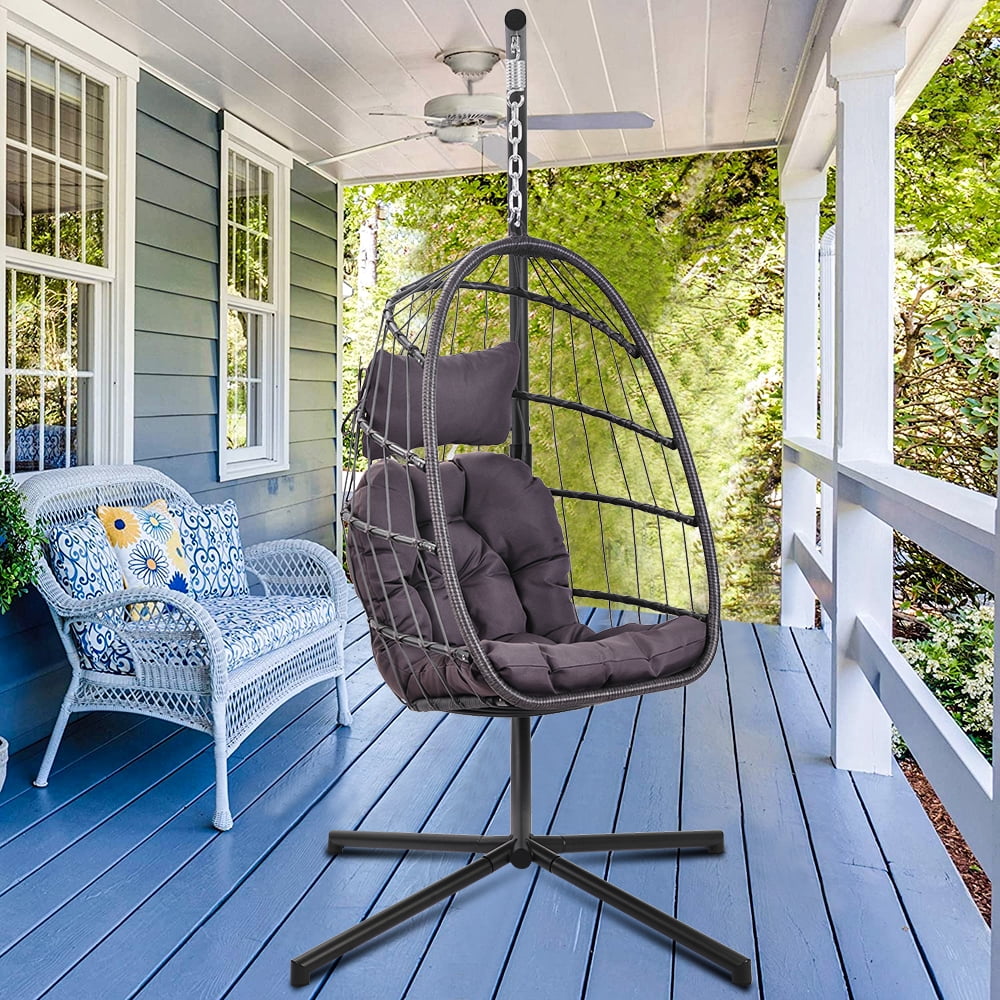 UHOMEPRO Wicker Hanging Egg Chair, Outdoor Patio Furniture with Dark