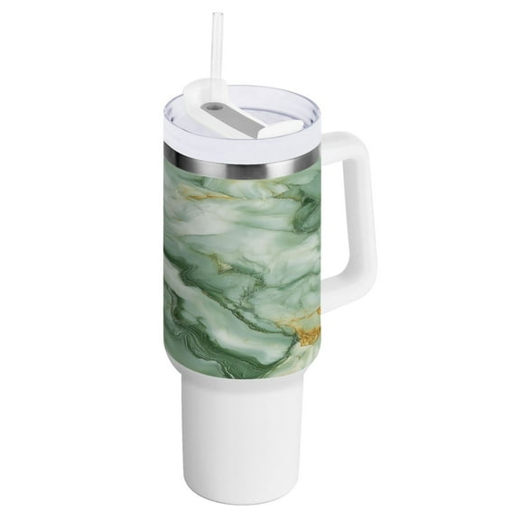 40 oz Tumbler with Handle and Straw Lid Soft Green Marble Insulated Vacuum Water Bottle Stainless Steel Travel Cup